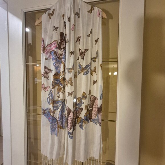 Semi-Sheer Fringed Scarf with Butterflies - Picture 1 of 3